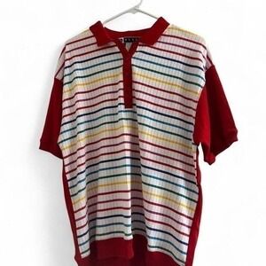 BLAST Red Striped Polo Shirt Rainbow Collar Buttons Size L #Vintage #80's